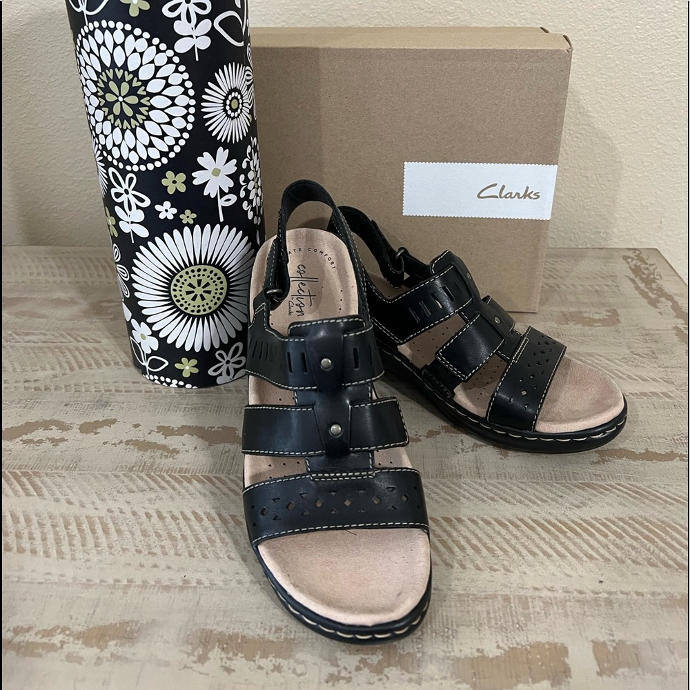 CLARKS LEXI QWIN LEATHER SANDALS SIZE 6.5 WOMENS BLACK MEDIUM WIDTH